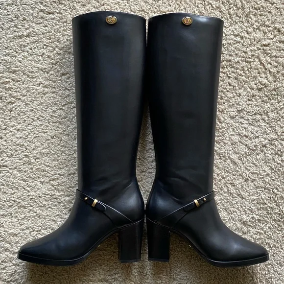 Gucci Black Marmont Leather Elite Calf Knee High Boots Sz 36.5 - Picture 3 of 16
